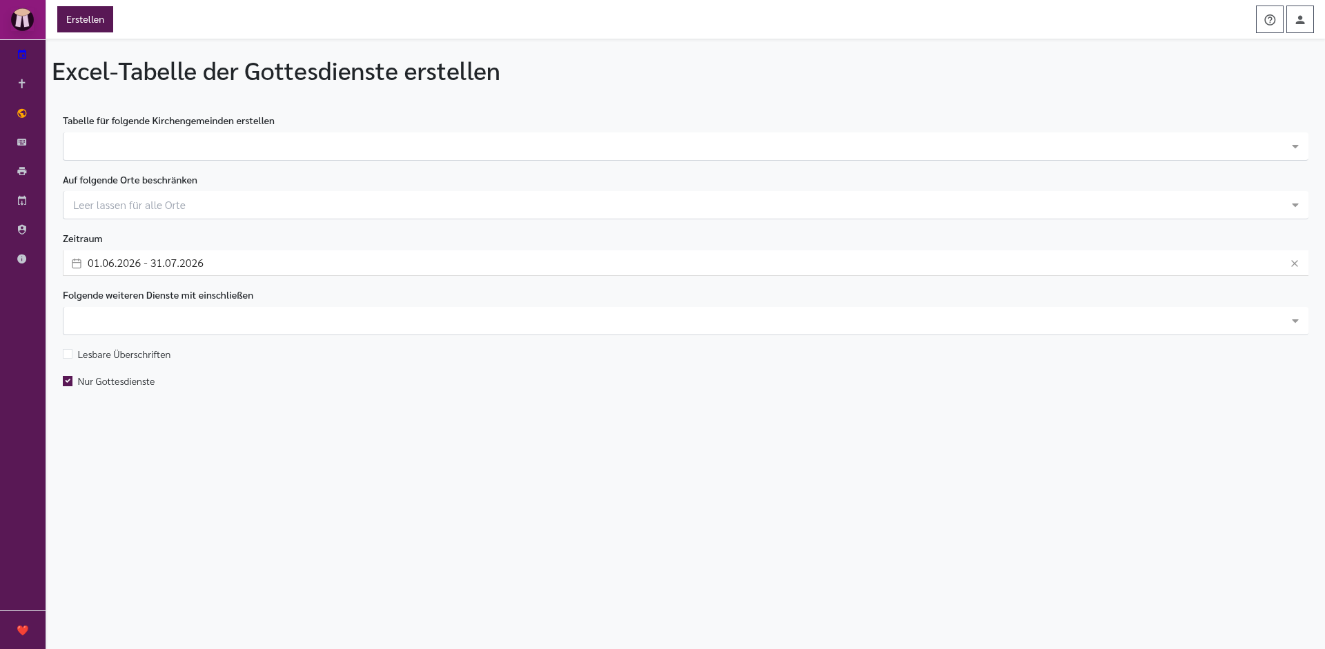 Excel-Tabelle der Gottesdienste