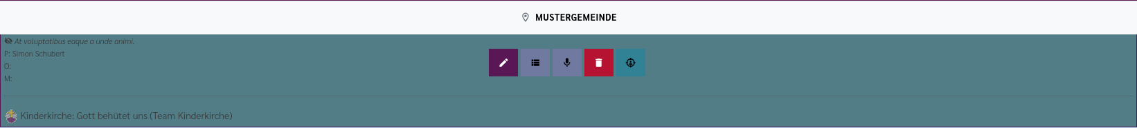 Gottesdienst-Kachel mit eingeblendeten Schaltflächen